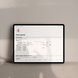 This view in the Notion Travel planner shows the primary database. There is an icon at the top of a pink luggage. Then there is a header that says Travel Journal followed by a subhead that says Location Details. After that you see a list of items in the database. At the bottom of the image you see a database for the itinerary items.